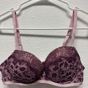 Victorias Secret 34B Pink Dream Angel Lined Demi Lace Fringe Lingerie Bra Maroon